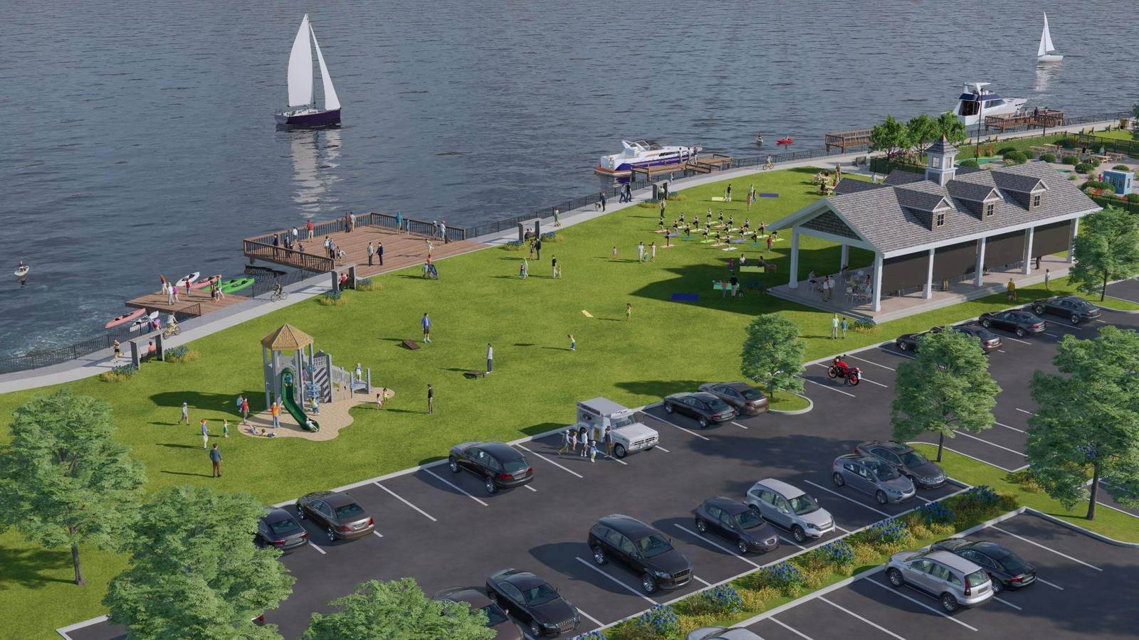 Rendering of proposed Saybrook Point waterfront park — summer view